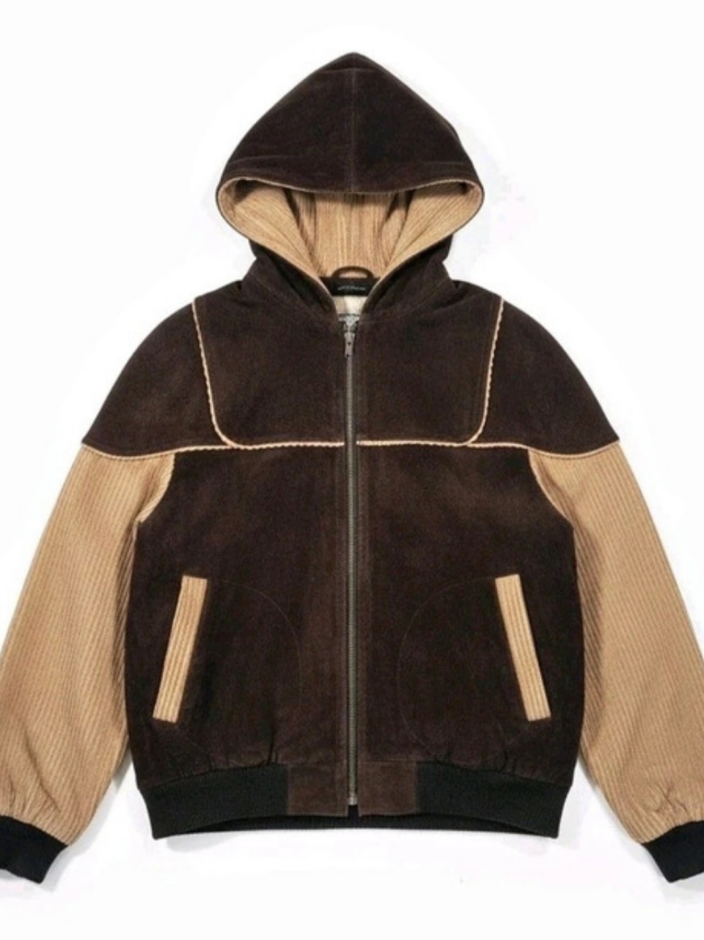 Brown & Tan Hooded Jacket Heavy Duty Coat Size Large